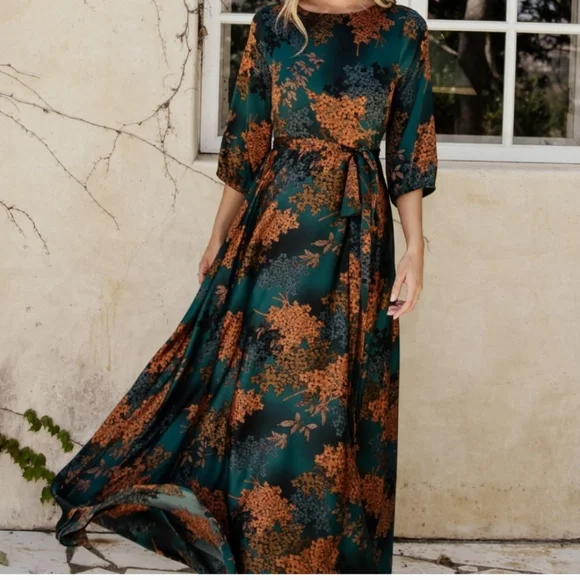 Baltic Born Teal and Rust Floral Long Sleeve Dress - Picture 2 of 10